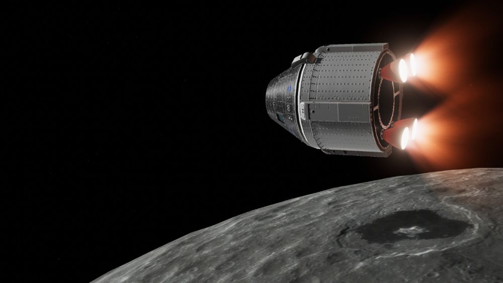Starliner capsule in black tile variant performing a maneuver in low lunar orbit. 4x RS88 engines are used in an orbital config with nozzle extension rather than the IRL short abort engines.
