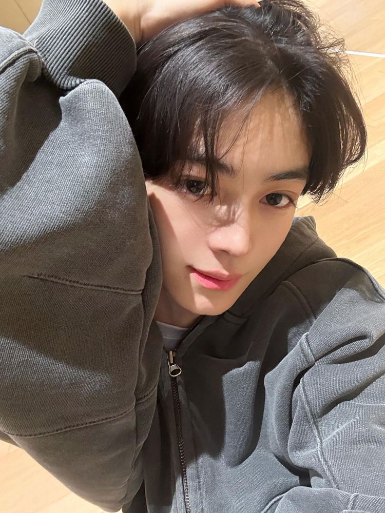 hanjin selfie in a gray jacket and he has his hand on his hair