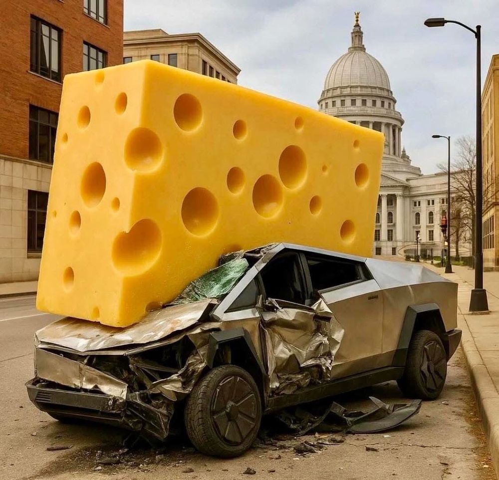 Giant chunk of Swiss cheese crushing a stupid cybertruck
