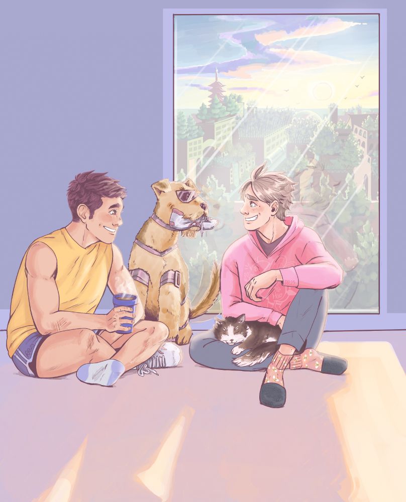 Daichi and Suga sitting in front of a window of a skyscraper. Daichi is in a yellow sleeveless shirt and holding a steaming travel mug of coffee and Suga is wearing a pink hoodie with a sexy bee logo on it and bees on his socks. They’re smiling at each other. Morning sun is streaming through the window obscuring a green solar punk city outside. A longhair dark brown and white cat is asleep in Suga’s lap and a robot dog in the style of an Airedale terrier sits beside Daichi with Daichi’s shoe in her mouth. 