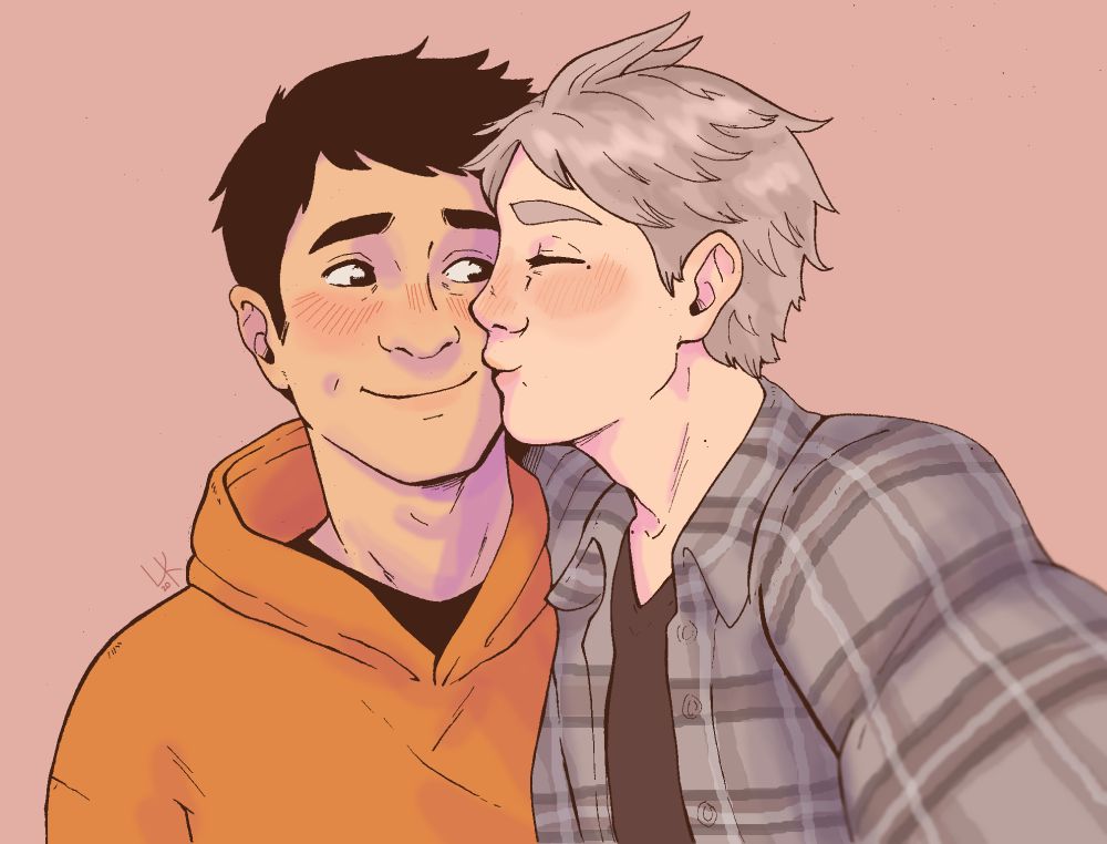 Selfie style image with a pinkish purple background. Daichi is in an orange sweatshirt looking at Suga with a blushy smile while Suga, wearing a purple flannel and with closed eyes, kisses his cheek and presumably holds the camera to take this picture.