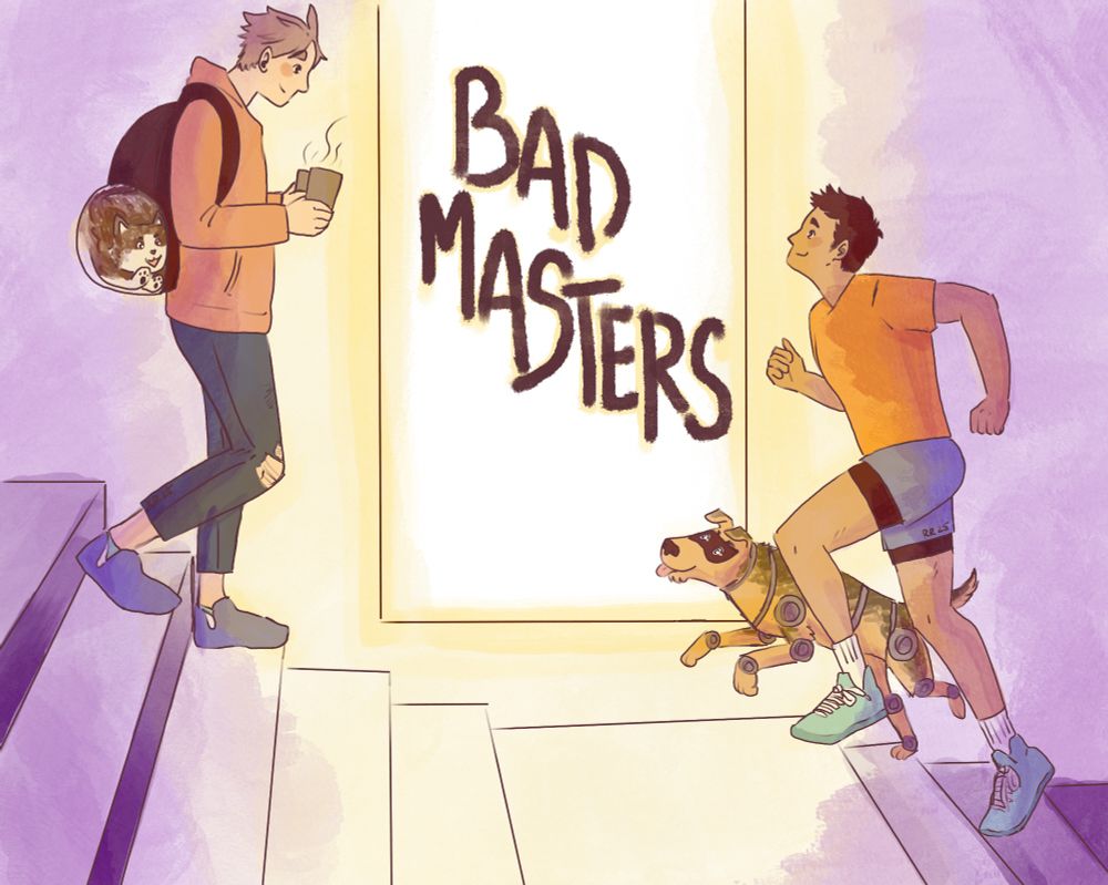 A yellow window is in the center with the words “Bad Masters”. On the left Suga is walking down the purple stairs he’s in a salmon colored hoodie, carried coffee wearing a backpack with a window. His cat is inside with her paw pressed to the window and an excited look mirroring Sugas smile. On the right, running up the stairs is Daichi in an orange shirt with a smile on his face and a robot dog in the style of an Airedale terrrier running up alongside him, also smiling, tongue hanging out. 