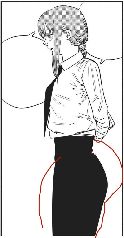 Makima from Chainsaw Man - a middle aged woman with light hair wearing a white business shirt, a black tie, and high waist black suit pants. Lines are drawn in red near her butt and legs to indicate a projected larger size.