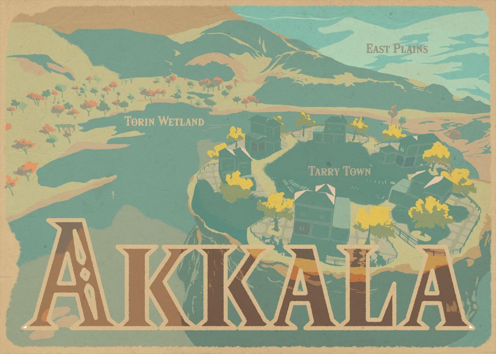 Stylized postcard of the aerial view of Tarry Town from Breath of the Wild.