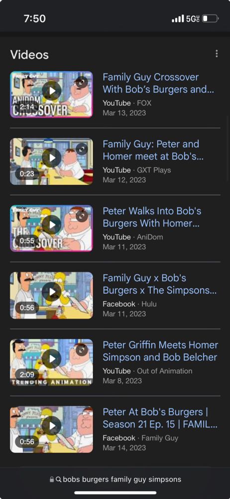 Google video results from YouTube regarding Peter Griffin from Family Guy, Bob Belcher from Bob’s Burgers, and Homer Simpson from the Simpsons appearing together in a crossover episode
