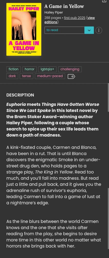 The blurb for book "A Game in Yellow", a horror romance(?) about using the text of the king in yellow to edge, pulling away from reading too far into the text as a form of BDSM

I have not yet read this book, but I kinda want to?