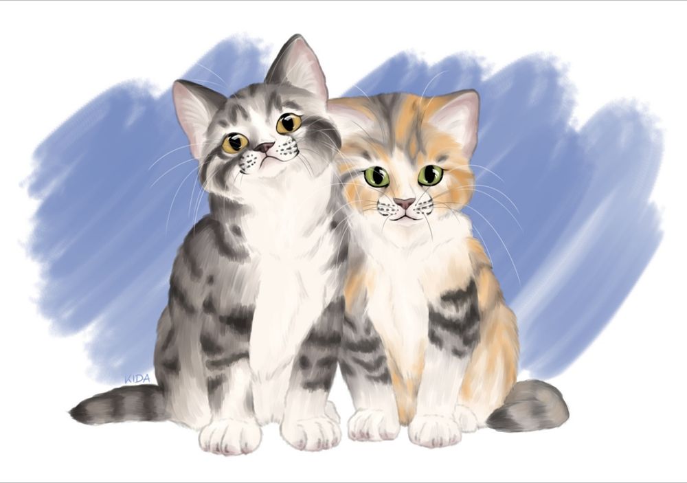 Digital drawing of two kittens sitting beside each other. One is a gray tabby with white and the second one has tabico markings with gray, orange and white mixed together
