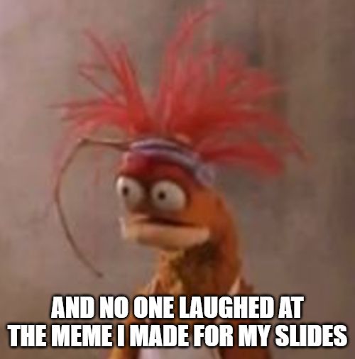 Pepe the King Prawn meme saying "and no one laughed at the meme I made for my slides"