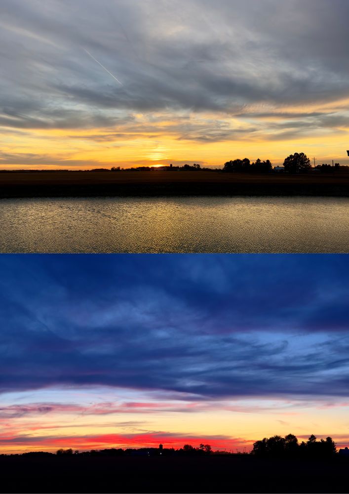 Two sunset shots at the same location over a small lake. The top one has more orange hues beneath mid to high-level clouds, the second a more fiery red near the horizon closer to dusk.