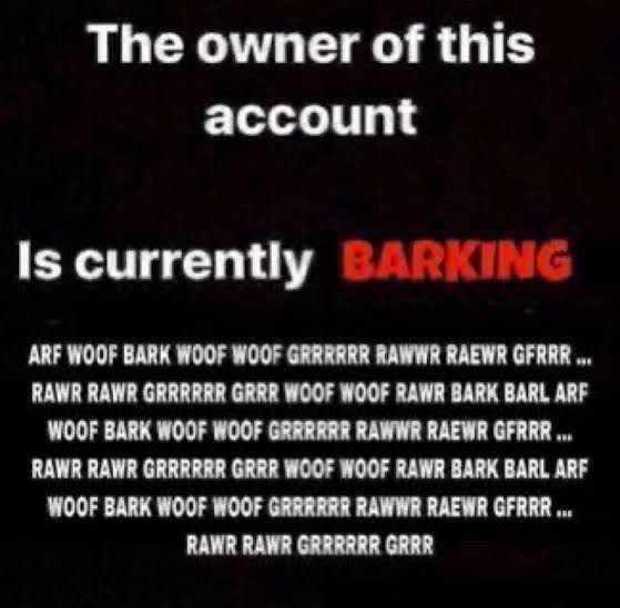 The owner of this account
Is currently
BARKING
ARF WOOF BARK WOOF WOOF GRRRRRR RAWWR RAEWR GFRRR...
RAWR RAWR GRRRRRR GRRR WOOF WOOF RAWR BARK BARL ARF WOOF BARK WOOF WOOF GRRRRR RAWWR RAEWR GFRRR...
RAWR RAWR GRRRRRR GRRR WOOF WOOF RAWR BARK BARL ARF WOOF BARK WOOF WOOF GRARRRR RAWWR RAEWR GFRRR ...
RAWR RAWR GRARARR GRRR