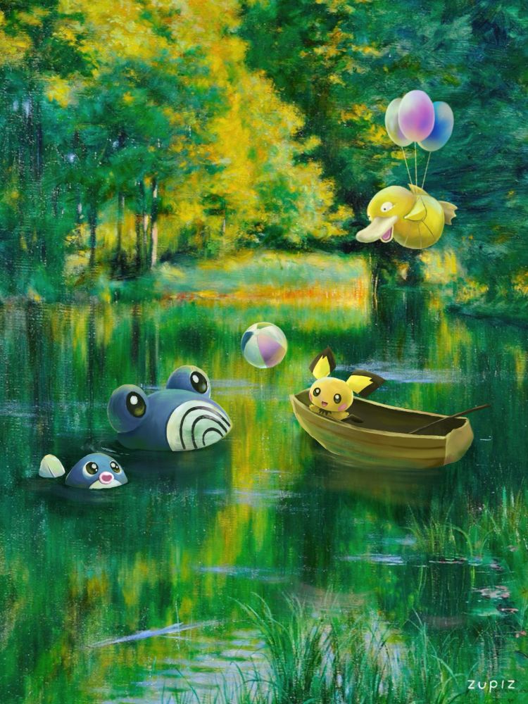 Four Pokemon, Poliwag, Poliwhirl, Psyduck  and Pichu, are illustrated into an original painting titled Lake in a Park (1894) by Władyslaw Podkowiński, a Polish impressionist painter. The additions are painted in a similar style and color palette to make it appear as it was always so. Pichu is in a small row boat, hitting a beach ball to Poliwhirl and Poliwag, who are in the water nearby, all looking delighted. Psyduck floats in the air above, suspended by three colorful balloons, with tears in his eyes.