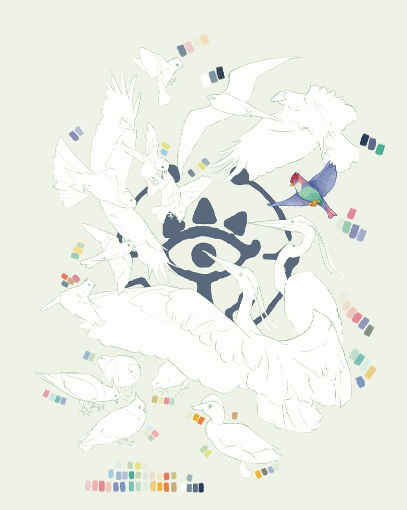 An illustration of the birds of Zelda: Breath of the Wild, arranged around the Sheikah eye, which is rendered in a dark blue-grey. The birds are roughly sketched; the ones at the bottom of the composition are on the ground or wading, and the ones above are in flight in various dynamic poses. There are 16 birds in total, varying in sizes, the smallest being the sparrows and the largest being the herons. Next to each bird is its color palette, which is also shown in full at the bottom of the piece. One sparrow is rendered.