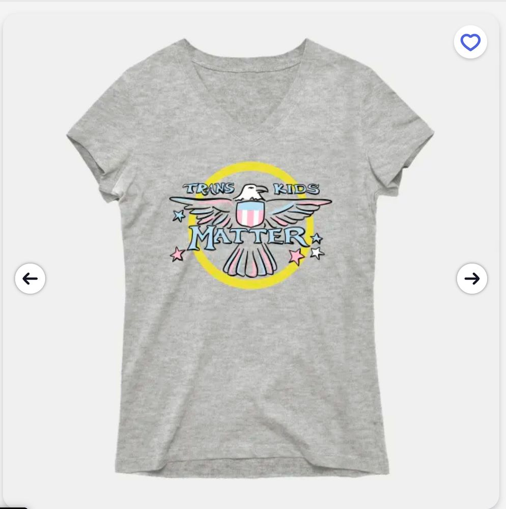 A grey Tee featuring a drawing of a spread winged American bald eagle with a shield in trans colors, flanked by stars. Text reads Trans Kids Matter