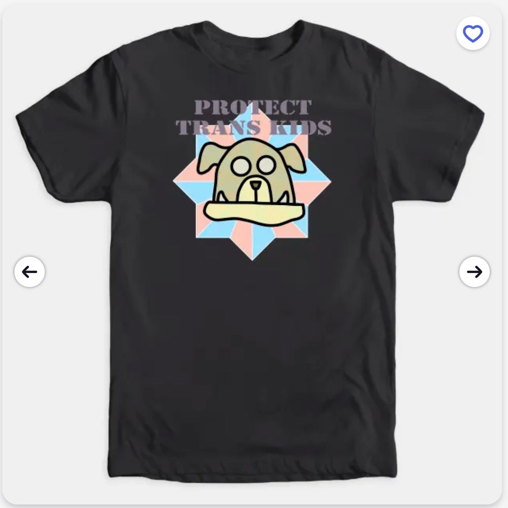A dark charcoal grey tshirt with a head of a cartoon bulldog looking slightly quizzical, with a pink / light blue eight pointed star design behind. Text, in stencil letters, reads Protect Trans Kids