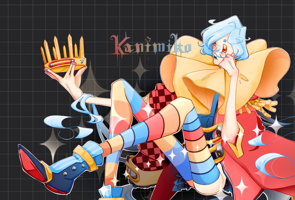 A colorful clown prince character floating and lounging, holding his crown while looking at it