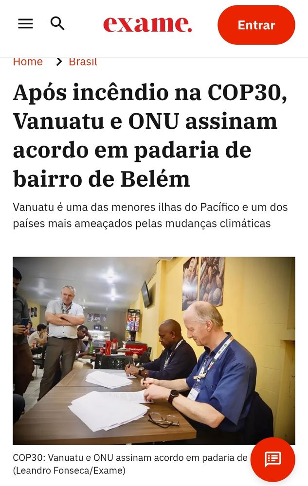 Após incêndio na COP30, Vanuatu e ONU assinam acordo em padaria de bairro de Belém
Vanuatu é uma das menores ilhas do Pacífico e um dos países mais ameaçados pelas mudanças climáticas

Este é um trecho original publicado em Exame.com. Leia a matéria completa em https://exame.com/brasil/apos-incendio-vanuatu-e-onu-assinam-acordo-em-padaria-de-bairro-de-belem/?utm_source=copiaecola&utm_medium=compartilhamento