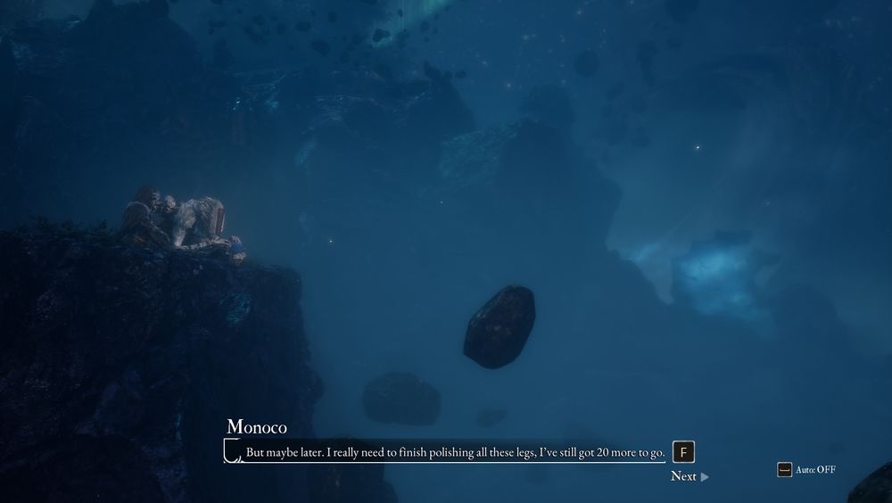 A picture of Verso and Monoco from Clair Obscur sitting on a cliff and gazing at the night sky. Monoco is saying 