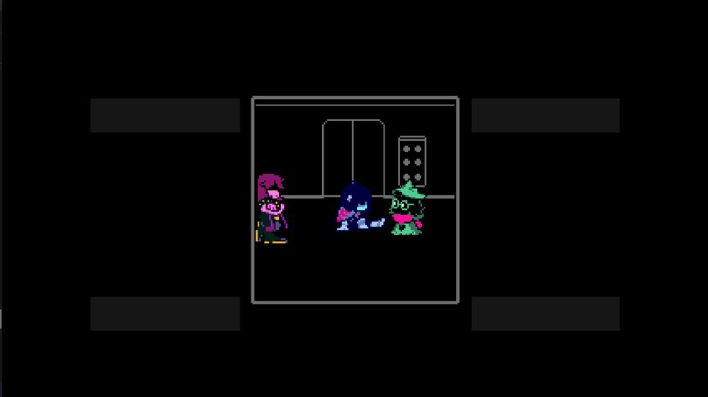 An elevator with Susie, Kris, and Ralsei. Theyre just chilling in the black and white elevator.