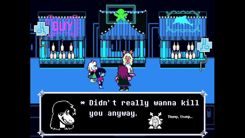 A screenshot of Deltarune part 2 where Noelle is fawning over Susie after she says, didnt really wanna kill you anyway. 