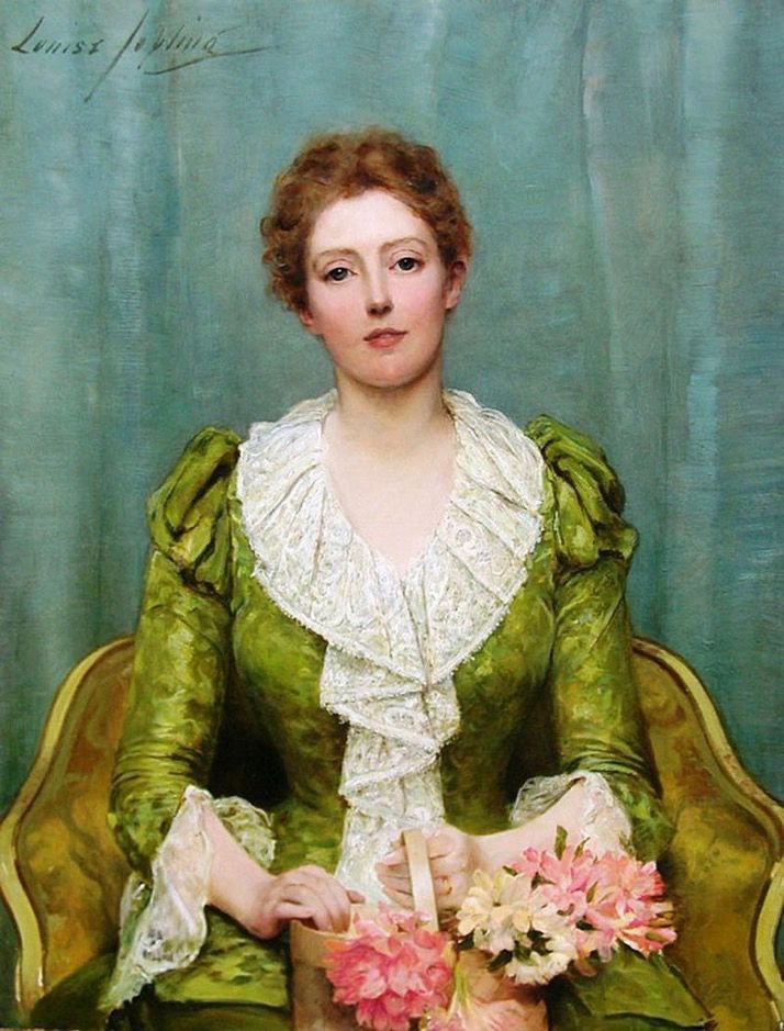 Color painting by Louise  Jopling of elegant woman in green dress with white lace collar and cuffs. Serenity, 1890