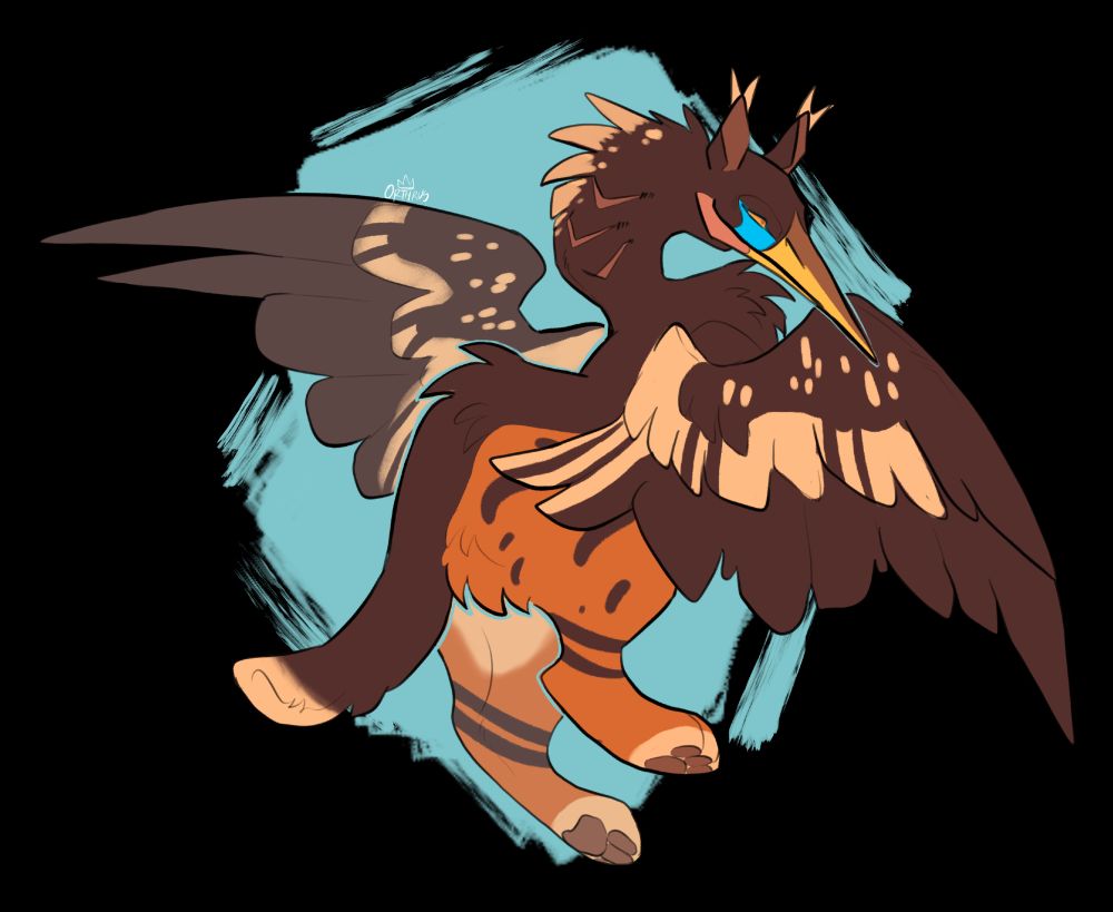 A heron inspired griffon with lynx paws hovers on a textured blue background.