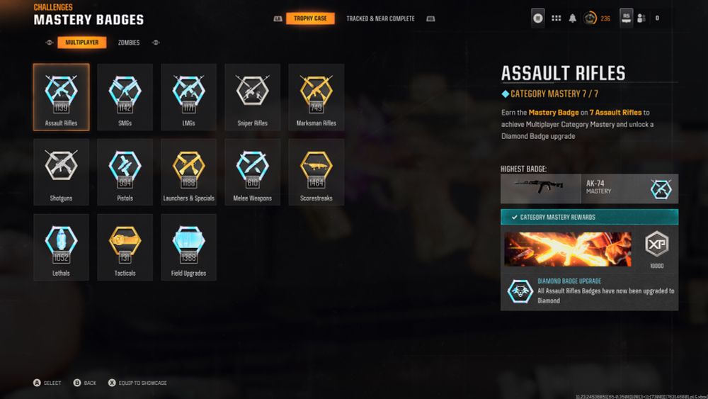 Call of Duty mastery badges screen showing completed Assault Rifles category with diamond upgrade unlocked.