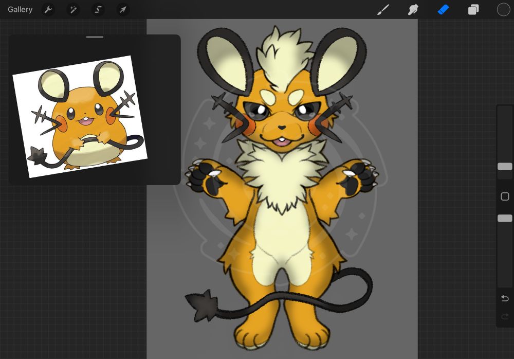 An illustration of an anthropomorphic growlithe mixed with an anthropomorphic dedenne, both creatures in question from Pokemon.