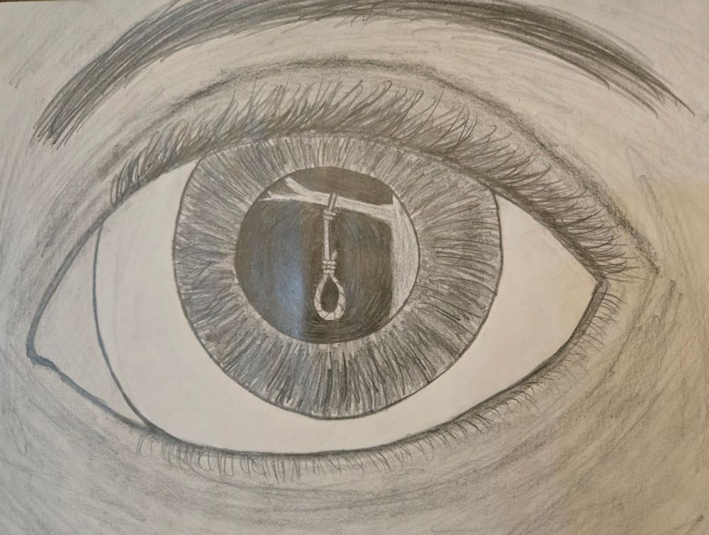 Pencil drawing of an eye with a noose hanging from a branch in the iris