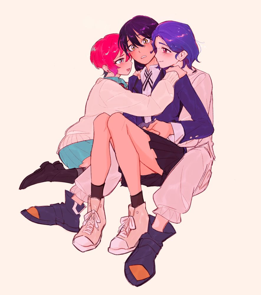 nyaan is sitting with machu and shuji, with them both lovingly embracing her from the front and back. 