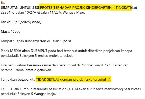 Notice that the NIMBYs will protest a 4 storey kindergarten at Jalan 10/27A in Wangsa Maju, Kuala Lumpur. This will happen at 10 am on 19th October 2025 (Sunday)