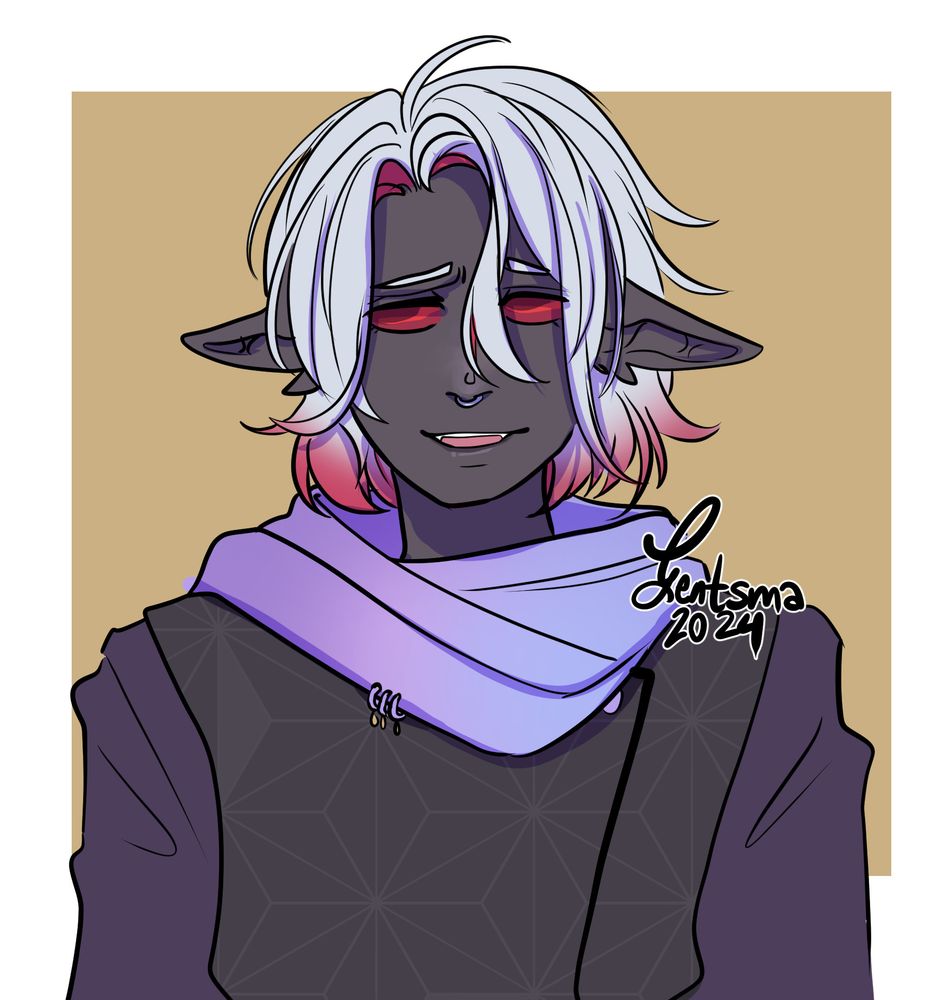 A nervous, gentle-looking drown man with white hair worn down to his chin. The underside & tips are dyed red. He wears a purple scarf, and a black patterned outer layer.
