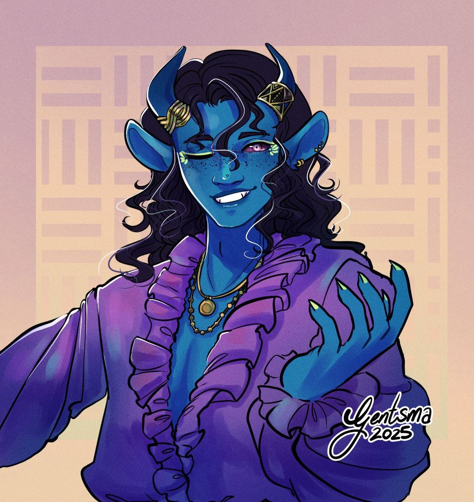 Character Design.A blue tiefling with dark wavy hair & freckles, dressed in a flamboyant purple ruffled shirt.