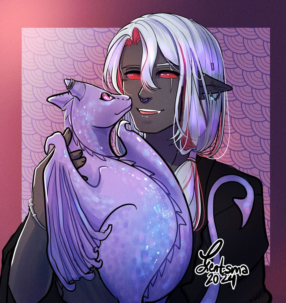 An older Drown man. His silver hair is worn long, in a ponytail over his shoulder. He bears a scar over his left eye, and in his hands he cradles a purple baby dragon. He looks much happier.
