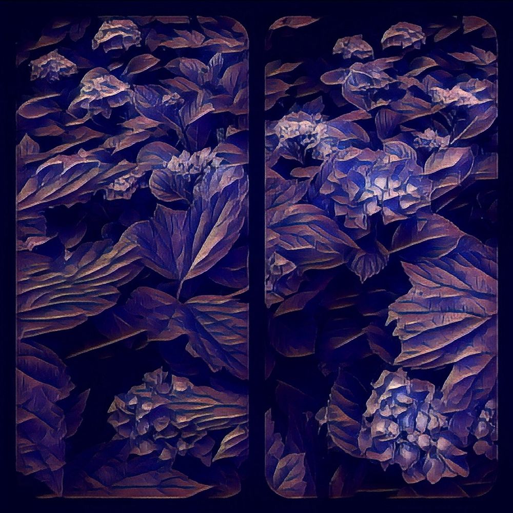 Collage diptych of purple flowers, dark atmosphere. Flowers in question are hydrangea.