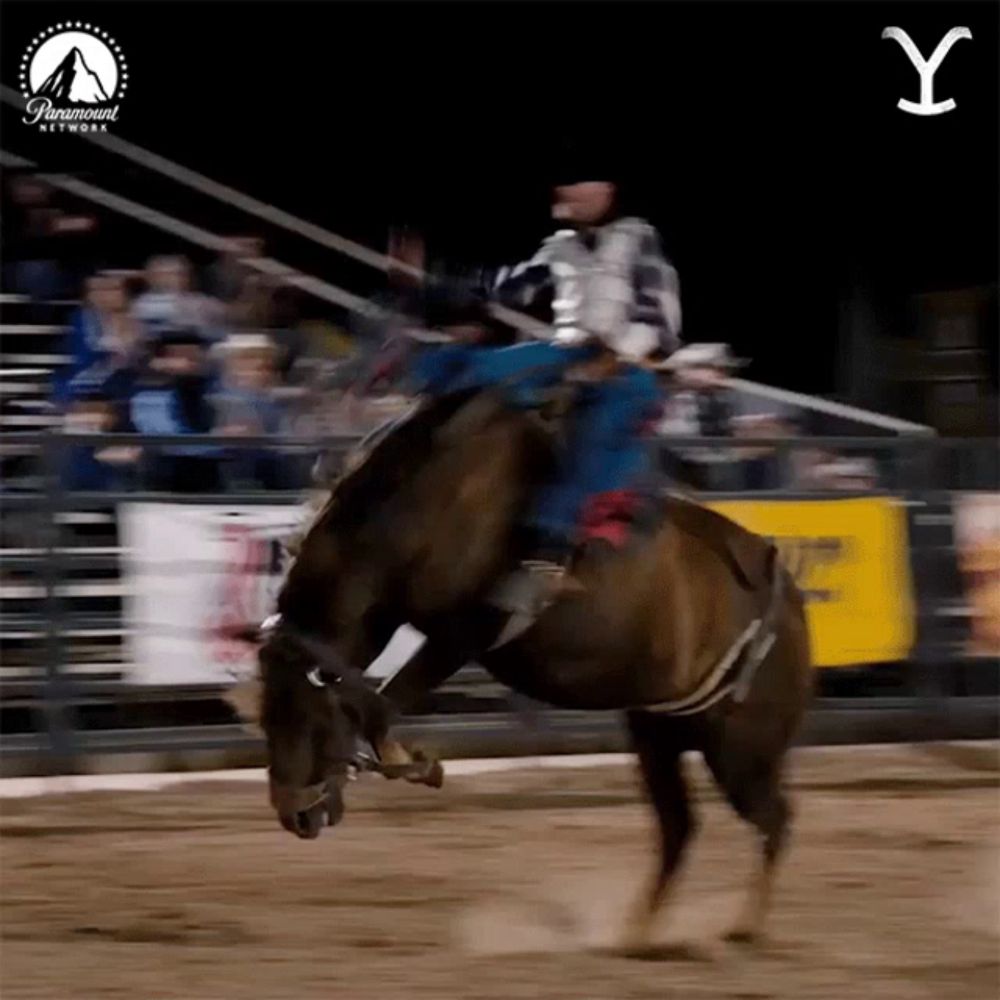 a man riding a horse in a rodeo with a paramount network logo behind him