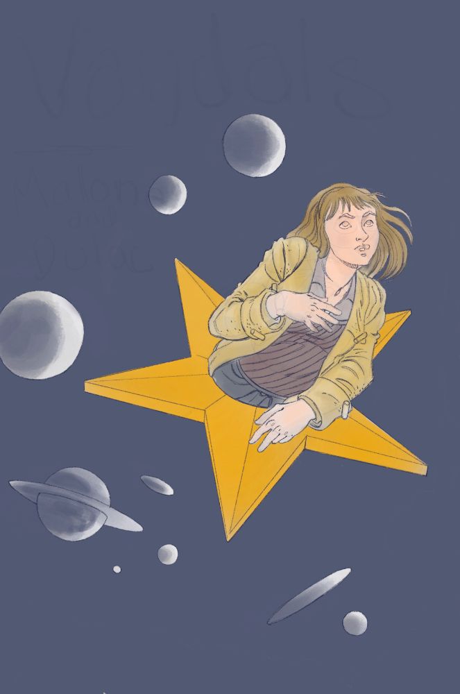 color flats got a comic book cover of a sandy blond young woman with a headband in a beige duster sweater and diagonally stripped dark purple sweater vest over a lavender button up collared cotton shirt. she is coming out of a golden yellow five-point star in space surrounded by many moons in a pastiche to a Smashing Pumpkins album cover, as requested by the author. 