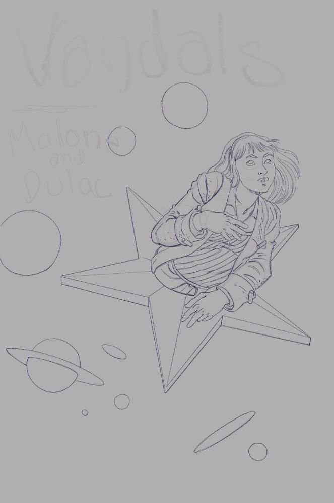 pencil art on a gray toned canvas for comic book cover of a young woman with a headband in a duster sweater and diagonally stripped sweater vest over a button up collared cotton shirt. she is coming out of a five-point star in space surrounded by circles meant to represent many moons and planets in a pastiche to a Smashing Pumpkins album cover, as requested by the author. 
