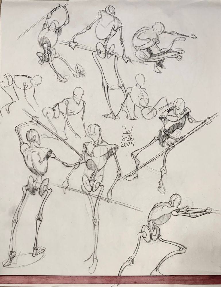 a page of charcoal studies with ten stick-figure mannequin forms drawn in a variety of different gestures crouching, sitting, kneeling on all fours, bending down, pushing, hunched over and standing posed with a stick or a staff from the front and behind. an oval is drawn in for the chest while two discs are drawn in for the hipbones connected by a spine with long slightly curving lines drawn in to indicate the simplified forms of the leg and arm bones with ovoids drawn in for the elbows and kneecap and a very simple shape of the feet. labeled LW and drawn 6-26 2025. a large thick red rubber band holds the page flat on an unseen drawing board.