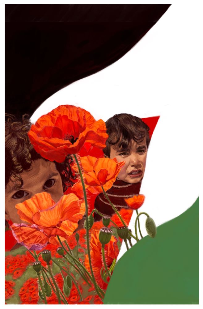 A digital painting of the Palestinian flag, with red poppies painted into the red triangle on the left in front of the faces of two Palestinian children who look at the viewer with mournful haunted eyes.