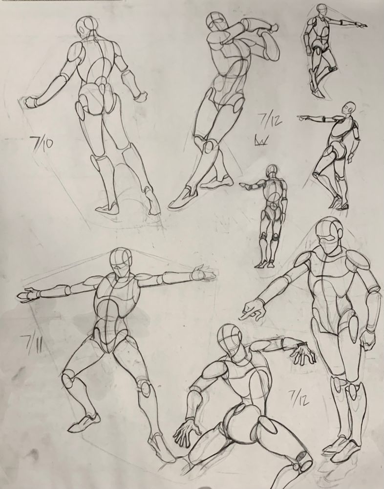 A page of ovoid figures with the form posed in many different gestures: A figure facing away from the viewer with head down and arms slightly out at their side labeled as drawn on 7/10; a turn around of the figure with an arm raised and finger pointing from two sides, behind and front facing at a 3/4 view and the figure front facing while in a pose that looks like they are swinging an unseen bat and a figure from behind but turning towards the viewer all labeled as drawn on 7/12, and a figure with bent legs and weight on their right foot with arms outstretched labled as drawn on 7/11. All the figures are drawn using ovals and cylinders with basic lay-in rhythm lines.