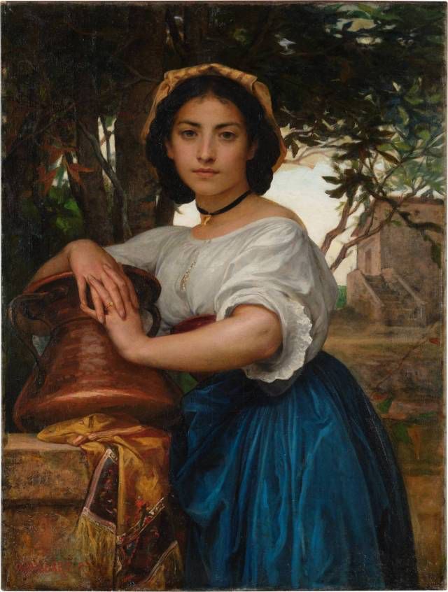 A William Bouguereau painting, Study for the ceiling of the Chapel of the Virgin in La Rochelle. A young woman with a yellow head covering on her dark curly chin-length hair is wearing a black choker, a puffy white blouse with the sleeves pushed up above her elbows, a red belt only partially seen and a deep blue skirt as she leans on a piece of pottery that sits on a stone wall on top of a crumpled yellow scarf as her right elbow rests on the pottery with her hands clasped together in front of it. 

Behind her, painted in more loosely, is a lush tree and then even further in the background is the indication of a stone building with a large staircase.