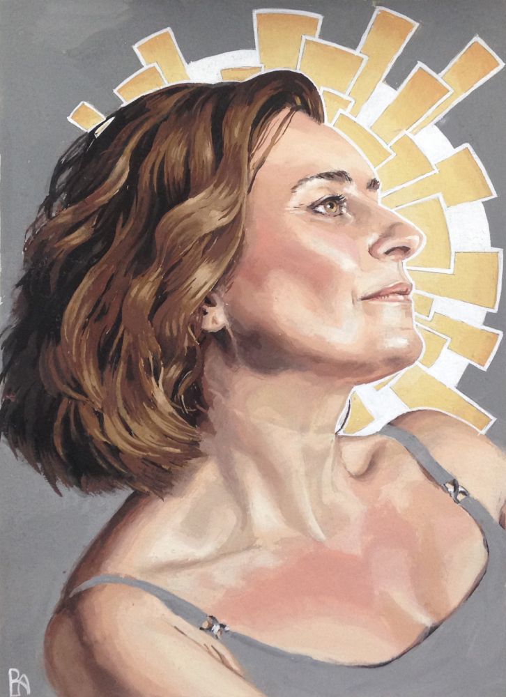 A full-color zorn palette gouache painting of a white femme/woman with hazel eyes and shoulder-length brown hair wearing a gray tank top against a radiating stained glass sun motif outlined in white against a darkish gray background, the same color as the tank top.