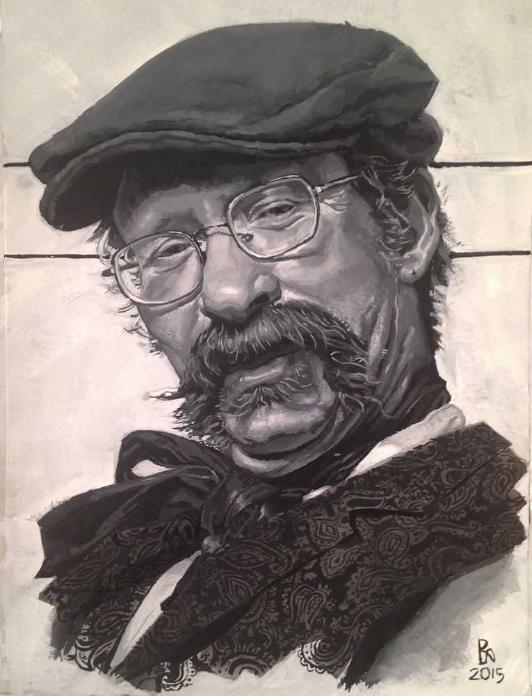 A black and white gouache portrait study painted on a white background with two thin black stripes behind the head at ear level
The portrait is of a man in a newsboy style cap with large oval rimmed glassed and a fantastically dramatic handlebar mustache and a little bit of an under the lip goatee. The hair under his cap is short and trimmed. He wears a loosely knotted black neck tie with a dark gray and black paisley vest and just the hint of a white collared shirt underneath.