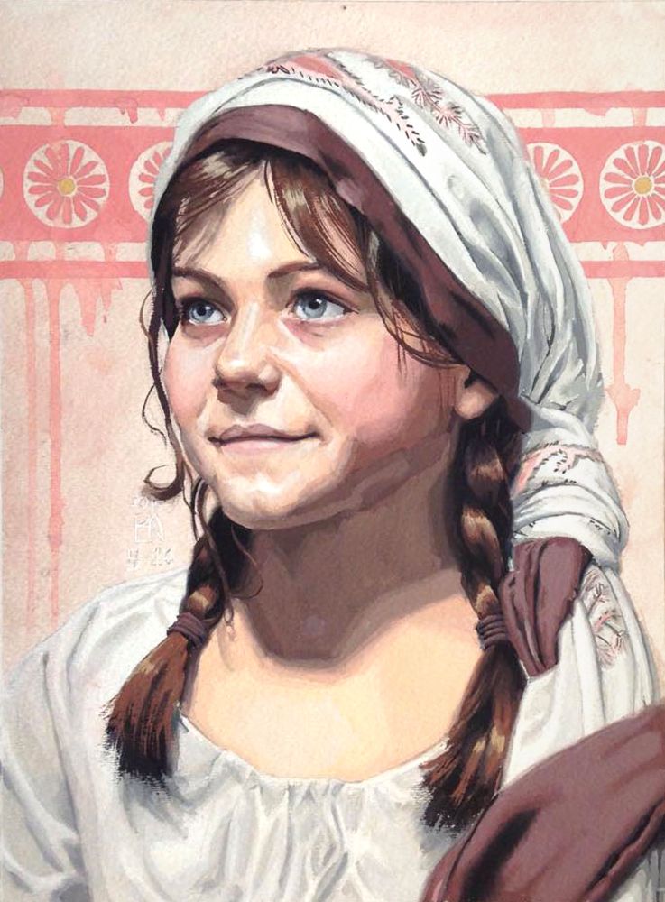 A gouache painting of a girl with brown hair and blue eyes in a white head covering with a purple lining and pink embroidery. Behind her is a a pink flower motif within three bands of pink stripes, a paint drip going down the page