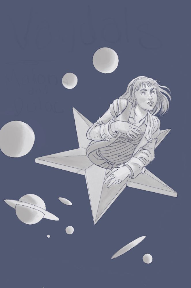 an underpainting of comic book cover of a young woman with a headband in a duster sweater and diagonally stripped dark sweater vest over a  button up collared cotton shirt. she is coming out of a  five-point star in space surrounded by many moons in a pastiche to a Smashing Pumpkins album cover, as requested by the author. 
the background is dark blue while she and the star, moons and planets are shaded in gray. 