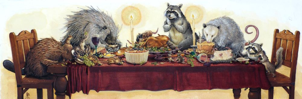A long gouache painting of a holiday feast being eaten by a wide array of rodents and woodland critters on a long rectangular wooden table covered by a red cloth on a light yellow washed background. on the right end on a wooden chair sits a beaver chomping away at the table instead of the food, the red cloth pushed slightly back while it’s head, where a mouse is perched looking out over the scene, knocks over a bowl full of black and green grapes that are being fought over by three squirrels and two chipmunks with another laying near all of them gorging itself on the grapes.  Behind them and a glass of wine another chipmunk chomps down on a wedge of cheese and behind that chipmunk is a porcupine eating a baked potato with the tin foil around it unwrapped. Besides the porcupine is a loaf of bread that has clearly been partially eaten and in front of that is a sweet potato casserole with mini marshmallows in a ridged white casserole dish where two more mice have taken residence, one of them with a marshmallow joyously on it’s head. Behind them, in the center of the table positioned between two long and burning wax candlesticks is the roasted turkey with vegetable fixings on a serving dish with three rats chowing down. Two more rats are having a tug of war over a carrot while a raccoon rubs its paws together and looks on at the turkey with hungry eyes and tongue blipped. Next to the raccoon is a possum eating the dip from a bowl on a plate of crackers. A mouse is also stuck head first in the dip bowl, tail-end up. In front of them is a spilled and now-empty wine glass and a drunken hedgehog laying on it’s back and then on the left end of the table a raccoon sits, holding a small plate and a silver spoon while a squirrel stands on the same chair leaning forward with one hand on the cloth-covered table and the other holding a strawberry, it’s mouth also stuffed full of grapes.

