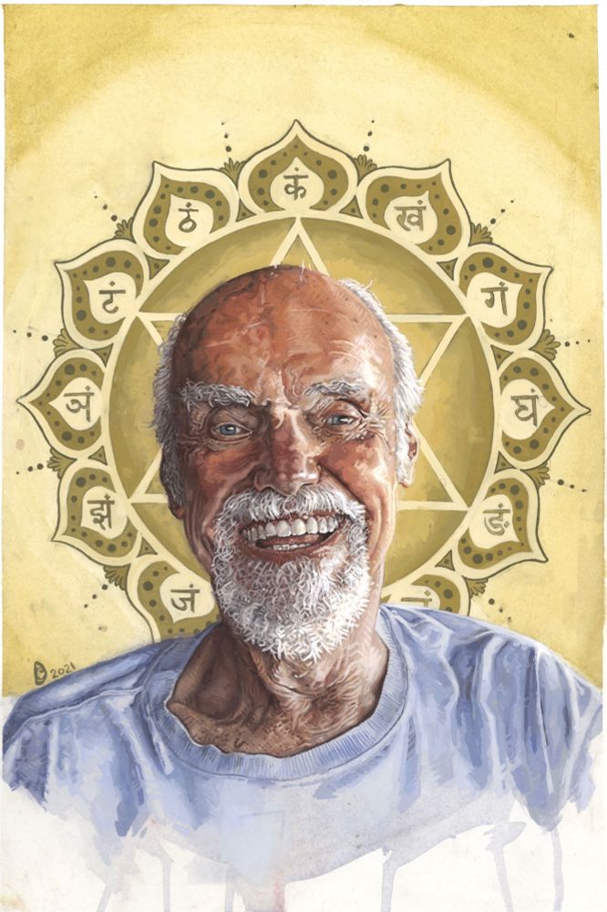 A gouache portrait painting of an elder Ram Dass, in a blue shirt smiling a toothy grin beneath a white beard with a bald/receding hairline. 
Behind him, ornately painted in several shades of green is the anahata heart chakra displaying the 12 divine qualities of the heart within the petals of the lotus. Behind that is a light wash of bright golden yellow radiating from the center and saturating in the corners and around the edges of the frame. At the bottom of Ram Dass’ right shoulder on our left is a small icon showing a C within a D (initials of a previous name I’ve gone by and still go by on occasion) and the numbers 2021 scrawled in desaturated green paint. His blue shirt drips down the into blank space at the bottom of the watercolor paper page.