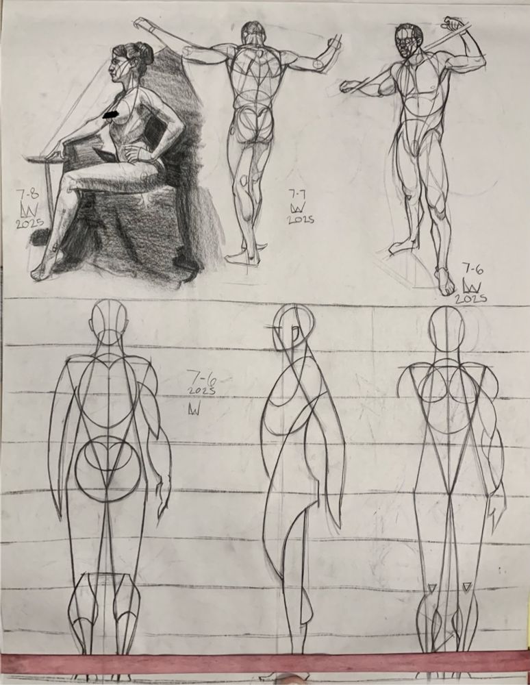A page of figure and proportion studies drawn in charcoal pencil. The bottom of the page is lined out in eight sections with nine horizontal lines with a rhythm line abstraction of the figure drawn in what is known as “the Reilly method” from behind, the side and front view using an oval for the chest, two intersecting triangles for the torso from shoulders to the hips, an egg-shaped oval for the head and many more sweeping curved and straight lines for the limbs and chest indication. Drawn on 7-6 2025 and labled with LW.

The top of the page consist of three more figures drawn in more dynamic poses using these figure abstraction lines: A more tonally shaded drawing of a nude women in profile facing towards the left sitting on a draped block with her left hand on her hip arm bent back and her right hand outstretched in front of her of her with her hand perched on a partially drawn in stool. Her dark hair is up in a bun with loose ends cascading down her right shoulder. drawn 7-8 LW 2025.

The next figure is more linearly drawn from behind with only partial shading on the right leg. his arms are up and outstretched in a “W” shape and his back is drawn with even more abstract rhythm lines indicating the musculature. Drawn 7-7 LW 2025.

The last figure is drawn entirely linearly from a front view with arms raised and hooked around a staff or a stick holding it in place on his shoulders behind his head where it rests on his neck. There are also more abstract rhythm lines drawn on him, mostly around his face, with his torso arm and leg muscles more fleshed out than the more simple figure turnaround on the bottom of the page. Drawn 7-6 LW 2025.
