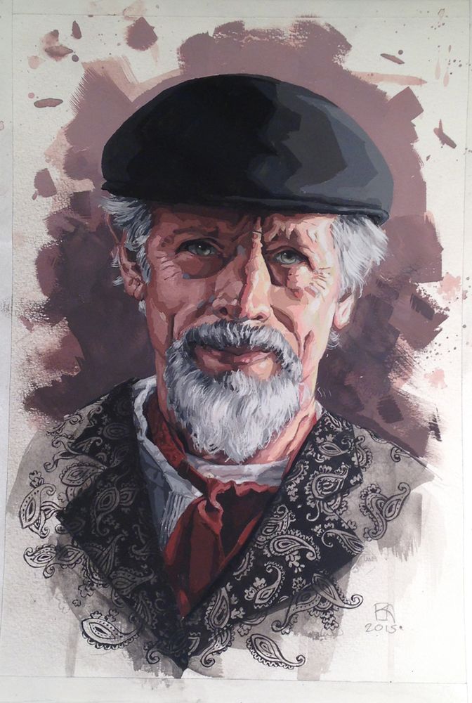 A Zorn color palette gouache painting of an older gentleman in a black cap and a paisley black vest with a white undershirt and red tie. He has graying hair and a goatee on a purple splash background on white watercolor paper. 