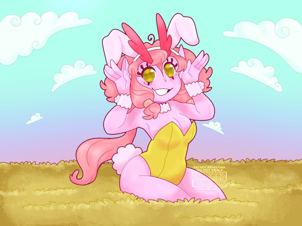 My dnd oc Gwanwyn ("Wynnie") in a pale yellowish green bunny suit with white ears and a fluffy tail. She's sitting ok a green field, the sky behind her a gradient from pink to pale blue.